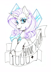 Size: 2900x4096 | Tagged: safe, artist:longinius, derpibooru import, rarity, pony, unicorn, banner, blue eyes, blue eyeshadow, cutie mark necklace, ear piercing, earring, exclamation point, eyelashes, eyeshadow, female, jewelry, makeup, mare, piercing, purple mane, solo, text, thank you, unshorn fetlocks