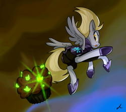 Size: 3000x2661 | Tagged: safe, artist:docwario, derpy hooves, pegasus, pony, my little pony: the movie, armor, digital art, female, food, kicking, muffin, obsidian orb, solo