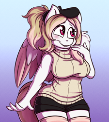 Size: 900x1000 | Tagged: safe, artist:kinky_spy, oc, oc only, oc:lumiere du ciel, anthro, pegasus, anthro oc, blushing, clothes, female, shorts, smiling, socks, solo, thigh highs, ych result