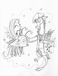 Size: 913x1198 | Tagged: safe, artist:praysforaprankster, discord, fluttershy, pegasus, pony, make new friends but keep discord, discoshy, female, flish, male, monochrome, monster, shipping, straight