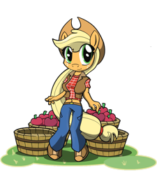 Size: 900x1000 | Tagged: safe, artist:basilloon, applejack, anthro, apple, solo