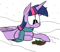 Size: 700x600 | Tagged: safe, artist:karpet-shark, derpibooru import, twilight sparkle, twilight sparkle (alicorn), alicorn, pony, chest fluff, clothes, female, mare, prone, scarf, smiling, snow, snowfall, solo, sprout, tumblr, twily-daily