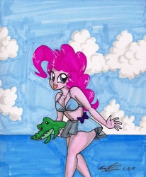 Size: 1347x1636 | Tagged: safe, artist:newyorkx3, pinkie pie, equestria girls, beach, clothes, solo, swimsuit, traditional art