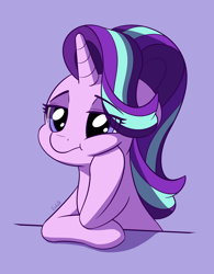 Size: 1562x2000 | Tagged: safe, artist:esfelt, starlight glimmer, pony, unicorn, :t, bored, cheek squish, cute, eye clipping through hair, female, floppy ears, glimmerbetes, mare, purple background, raised hoof, simple background, solo, squishy cheeks, unamused