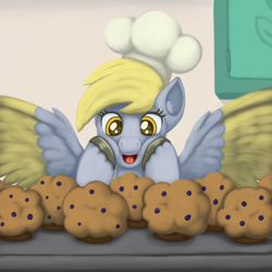 Size: 2000x2000 | Tagged: safe, artist:redquoz, derpy hooves, pegasus, pony, baker, cheek squish, clothes, colored wings, cute, daaaaaaaaaaaw, derpabetes, ear fluff, female, food, hat, leg fluff, muffin, open mouth, paintstorm studio, spread wings, squishy cheeks, that pony sure does love muffins, tongue out, two toned wings, underp, unshorn fetlocks, wings