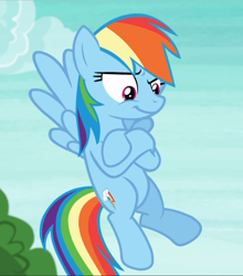 Size: 828x939 | Tagged: safe, derpibooru import, screencap, rainbow dash, pegasus, pony, non-compete clause, cropped, crossed hooves, female, flying, mare, raised eyebrow, smiling, smirk