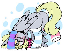 Size: 3753x3000 | Tagged: safe, artist:befishproductions, derpy hooves, pegasus, pony, abstract background, adorkable, bubble, butt, clothes, cute, derpabetes, dork, featureless crotch, female, folded wings, heart eyes, mare, mismatched socks, plot, socks, solo, striped socks, thigh highs, tongue out, wingding eyes, wings
