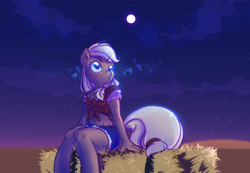 Size: 1164x806 | Tagged: safe, artist:kelsea-chan, applejack, anthro, belly button, clothes, daisy dukes, front knot midriff, hay bale, midriff, moon, shirt, solo, whistling