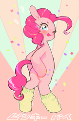 Size: 958x1479 | Tagged: dead source, safe, artist:hotomura, pinkie pie, earth pony, pony, :p, bipedal, blushing, clothes, cute, diapinkes, japanese, socks, solo, tongue out, wink