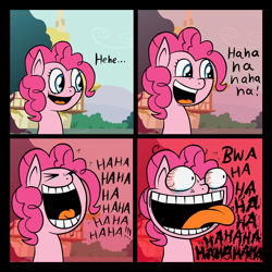 Size: 2038x2038 | Tagged: safe, artist:kleineluhnar, pinkie pie, earth pony, pony, comic, creepy, female, flanderization, insanity, laughing, mare, nightmare fuel, reaction image, sanity slippage, solo, xk-class end-of-the-world scenario