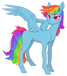Size: 2294x2615 | Tagged: safe, artist:leechetious, derpibooru import, rainbow dash, pegasus, pony, female, looking at you, mare, missing cutie mark, signature, simple background, solo, spread wings, transparent background, wings