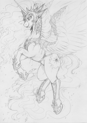 Size: 2408x3411 | Tagged: safe, artist:longinius, daybreaker, alicorn, pony, armor, crown, evil grin, female, fire, flying, grayscale, grin, helmet, jewelry, looking at you, mare, monochrome, regalia, simple background, smiling, traditional art, white background, wing armor, wings