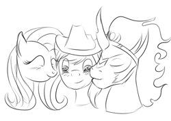 Size: 823x583 | Tagged: safe, artist:karmadash, derpibooru import, braeburn, fluttershy, king sombra, pegasus, pony, unicorn, bisexual, braeshy, female, fluttershy gets all the stallions, gay, gay in front of girls, kissing, male, monochrome, ot3, polyamory, shipping, sketch, sombraeburn, sombrashy, straight