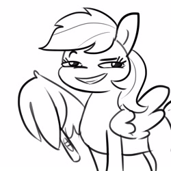 Size: 1650x1650 | Tagged: safe, artist:tjpones, derpibooru import, rainbow dash, pegasus, pony, black and white, female, grayscale, grin, implied pregnancy, looking at you, mare, meme, monochrome, pregnancy test, pregnancy test meme, pregnant, simple background, sketch, smiling, white background, wing hands, wing hold
