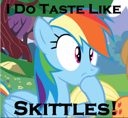 Size: 868x802 | Tagged: safe, derpibooru import, screencap, applejack, rainbow dash, earth pony, pegasus, pony, a canterlot wedding, candy, food, hoof in mouth, image macro, meme, shocked, skittles, taste the rainbow