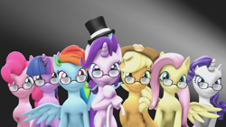 Size: 1920x1080 | Tagged: safe, artist:princess-worlds-sfm, applejack, fluttershy, pinkie pie, rainbow dash, rarity, starlight glimmer, twilight sparkle, unicorn twilight, earth pony, pegasus, pony, unicorn, 3d, abstract background, applejack's hat, bipedal, cane, coffin dance, cowboy hat, glasses, hat, looking at you, mane six, simple background, smiling, smiling at you, source filmmaker, top hat, youtube link, youtube screencap