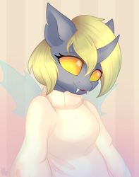 Size: 2172x2761 | Tagged: safe, artist:alphadesu, derpy hooves, anthro, changeling, abstract background, bust, changelingified, clothes, fangs, solo, species swap, sweater