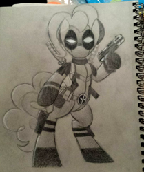 Size: 1032x1236 | Tagged: safe, artist:drawponies, pinkie pie, pony, bipedal, clothes, costume, crossover, deadpool, gun, hoof hold, monochrome, photo, pinkiepool, solo, sword, traditional art, weapon