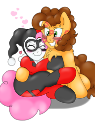 Size: 1558x2029 | Tagged: safe, artist:blackbewhite2k7, cheese sandwich, pinkie pie, earth pony, pony, blushing, cheesepie, commission, crossover, cuddling, dc comics, female, harley quinn, heart, kiss mark, kissing, lipstick, male, shipping, snuggling, straight