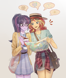 Size: 1680x1978 | Tagged: safe, artist:tcn1205, sci-twi, sunset shimmer, twilight sparkle, human, equestria girls, coke, drink, female, hat, humanized, lesbian, map, pony coloring, scitwishimmer, shipping, soda, sunsetsparkle, tourist