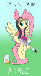 Size: 612x1134 | Tagged: safe, artist:metal-kitty, fluttershy, pegasus, pony, blue background, bottomless, bunny ears, clothes, crossover, dangerous mission outfit, female, flying, glasses, gradient background, green background, gun, hooves, i'd like to be a tree, jar, jarate, mare, optical sight, partial nudity, pee in container, rifle, simple background, sniper, sniper rifle, snipershy, solo, spread wings, sweater, sweatershy, team fortress 2, text, turtleneck, urine, weapon, wings