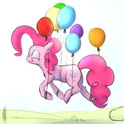 Size: 1200x1200 | Tagged: safe, artist:cheshiresdesires, pinkie pie, earth pony, pony, balloon, eyes closed, floating, smiling, solo, then watch her balloons lift her up to the sky