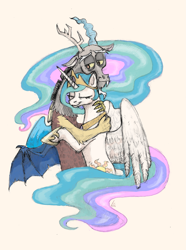 Size: 1737x2331 | Tagged: safe, artist:elcydog, discord, princess celestia, alicorn, pony, dislestia, eyes closed, female, hug, male, shipping, simple background, spread wings, straight