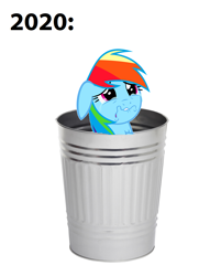 Size: 844x1048 | Tagged: safe, derpibooru import, edit, rainbow dash, pegasus, pony, 2020, abuse, crying, dashabuse, downvote bait, end of ponies, female, mare, op is a cuck, rainbow trash, sad, simple background, solo, text, trash can, white background