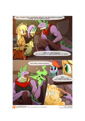 Size: 3541x5016 | Tagged: safe, artist:gashiboka, derpibooru import, applejack, rainbow dash, spike, oc, oc:gold lily, dragon, earth pony, pegasus, pony, comic:recall the time of no return, beefspike, comic, fire, fire breath, older, older spike, patreon, patreon logo, spray