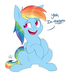 Size: 1600x1800 | Tagged: safe, artist:notenoughapples, derpibooru import, rainbow dash, pegasus, pony, bragging, simple background, sitting, solo, transparent background