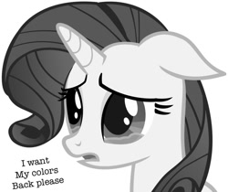 Size: 976x819 | Tagged: safe, rarity, pony, unicorn, colorless, crying, dialogue, floppy ears, grayscale, monochrome, open mouth, sad, simple background, solo, text, white background