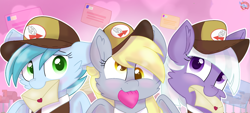 Size: 2189x988 | Tagged: safe, artist:rainbow eevee, appointed rounds, derpy hooves, rainy day, pegasus, pony, adorable face, blushing, cap, clothes, cute, derpabetes, envelope, eyelashes, female, golden eyes, green eyes, hat, heart, holiday, lidded eyes, looking at you, mail, mailbox, mailmare, mailpony, mouth hold, pink background, purple eyes, simple background, smiling, smiling at you, valentine's day