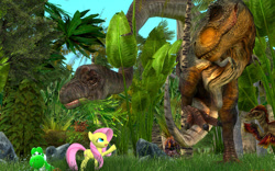 Size: 1280x800 | Tagged: safe, artist:gummythetoothless, fluttershy, brachiosaurus, dinosaur, pegasus, pony, tyrannosaurus rex, velociraptor, 3d, gmod, primal carnage, yoshi, yoshi shy