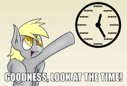 Size: 700x475 | Tagged: safe, artist:jorobro, derpy hooves, pegasus, pony, caption, colored pupils, cute, female, image macro, it's muffin time, look at the time, mare, meme, muffin time, pointing, solo, text