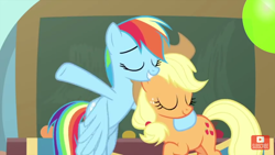 Size: 1280x720 | Tagged: safe, derpibooru import, screencap, applejack, rainbow dash, earth pony, pegasus, pony, teacher of the month (episode), spoiler:interseason shorts, chalkboard, clothes, eyes closed, female, happy, hoof around neck, shorts