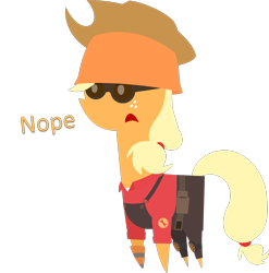 Size: 1183x1197 | Tagged: safe, artist:zacatron94, applejack, earth pony, pony, engiejack, engineer, nope, nope.avi, pointy ponies, simple background, solo, team fortress 2, transparent background