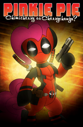 Size: 3375x5175 | Tagged: safe, artist:drawponies, pinkie pie, pony, bipedal, cherrychanga, chimicherry, clothes, costume, crossover, deadpool, gun, hoof hold, pinkiepool, solo, sword, weapon