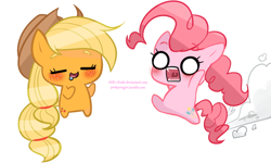 Size: 600x361 | Tagged: safe, artist:chokico, applejack, pinkie pie, earth pony, pony, chibi, duo, female, mare