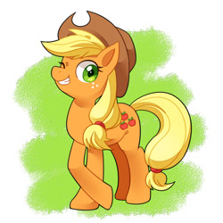 Size: 627x628 | Tagged: safe, artist:tomato mameta, applejack, earth pony, pony, applejack's hat, blonde, blonde mane, blonde tail, female, green eyes, mare, orange coat, solo