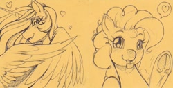 Size: 1033x523 | Tagged: safe, artist:longinius, derpibooru import, pinkie pie, princess celestia, alicorn, earth pony, pony, licking, sticky note, tongue out, traditional art