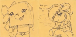 Size: 1061x518 | Tagged: safe, artist:longinius, oc, oc only, oc:mocha latte, oc:paper bag, pony, choker, clothes, coffee, female, lineart, mare, paper bag, scarf, sticky note, traditional art