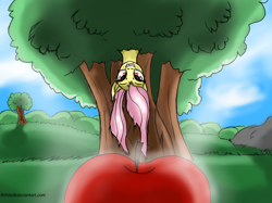 Size: 1206x900 | Tagged: safe, artist:tincantim, fluttershy, apple, flutterbat, solo, that pony sure does love apples, tree, upside down