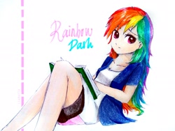 Size: 2311x1737 | Tagged: safe, artist:liaaqila, derpibooru import, rainbow dash, human, beautiful, book, clothes, compression shorts, cute, dashabetes, female, humanized, jacket, legs, miniskirt, moe, multicolored hair, shorts, simple background, skirt, skirt lift, solo, traditional art, white background