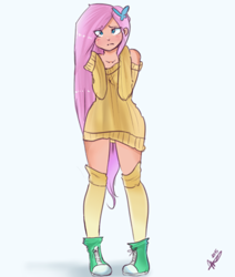 Size: 468x553 | Tagged: safe, artist:mrscurlystyles, fluttershy, human, blushing, clothes, converse, female, humanized, looking at you, shoes, simple background, socks, solo, sweater, sweatershy, white background