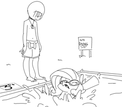 Size: 1280x1119 | Tagged: safe, artist:nobody, fluttershy, oc, oc:anon, human, goggles, lifeguard, monochrome, swimming, swimming pool, water wings