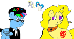 Size: 1237x646 | Tagged: artist needed, safe, derpy hooves, dj pon-3, vinyl scratch, oc, pegasus, pony, unicorn, 1000 hours in ms paint, choker, female, glasses, hat, male, mare, simple background, stallion, white background