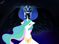 Size: 1024x768 | Tagged: safe, artist:drawitwriteit, nightmare moon, princess celestia, alicorn, pony, duo, duo female, female, horn, mare, siblings, sisters