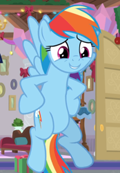 Size: 652x936 | Tagged: safe, derpibooru import, screencap, rainbow dash, pegasus, pony, the hearth's warming club, cropped, female, flying, hooves on hips, mare, smiling, spread wings, wings