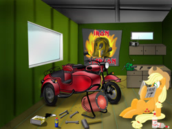 Size: 2048x1536 | Tagged: safe, artist:aagun, applejack, earth pony, pony, iron maiden, motor oil, motorcycle, poster, reading, solo, tools, wd-40