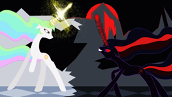 Size: 3098x1762 | Tagged: safe, artist:rosemp3, princess celestia, twilight sparkle, twilight sparkle (alicorn), oc, oc:blacklight, alicorn, pony, corrupted, fight, twilight is anakin, tyrant sparkle, wingless